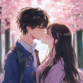 Romantic Anime Kiss in Spring Scenery