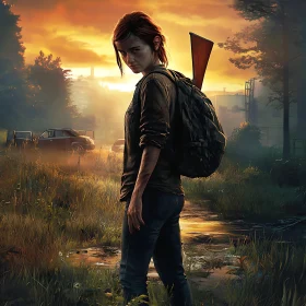 Sunset Road Woman with Backpack