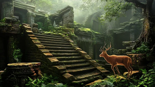 Ruins in Forest with Deer