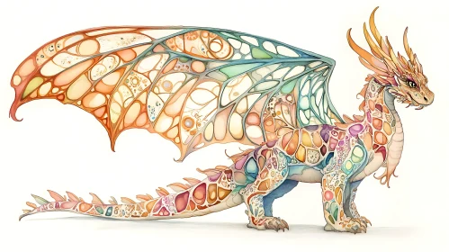 Watercolor Dragon with Mosaic Pattern