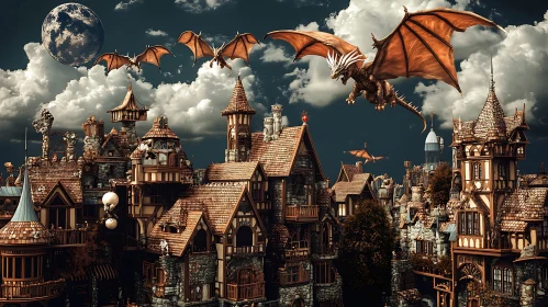 Whimsical Dragons and Cityscape