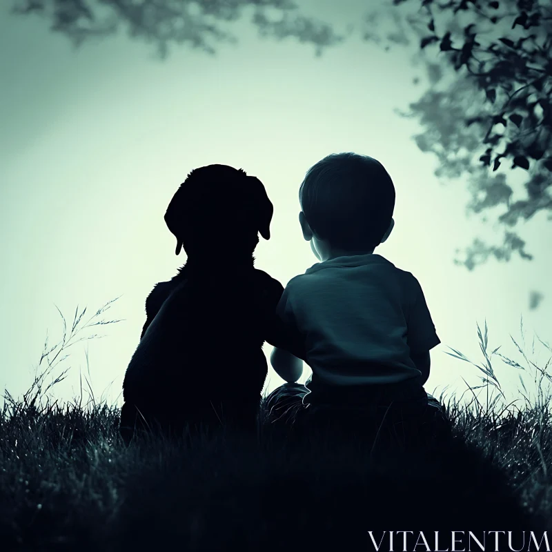 Silhouette of Child and Dog in Field