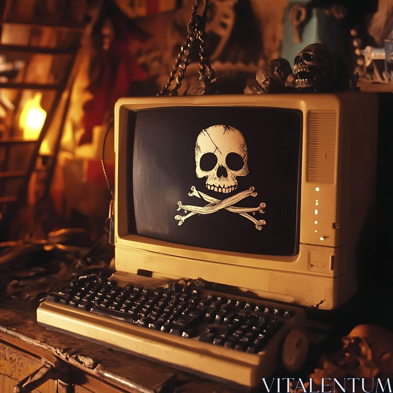 Old Monitor with Skull and Crossbones Image AI Image