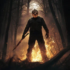 Ominous Masked Figure in Burning Forest