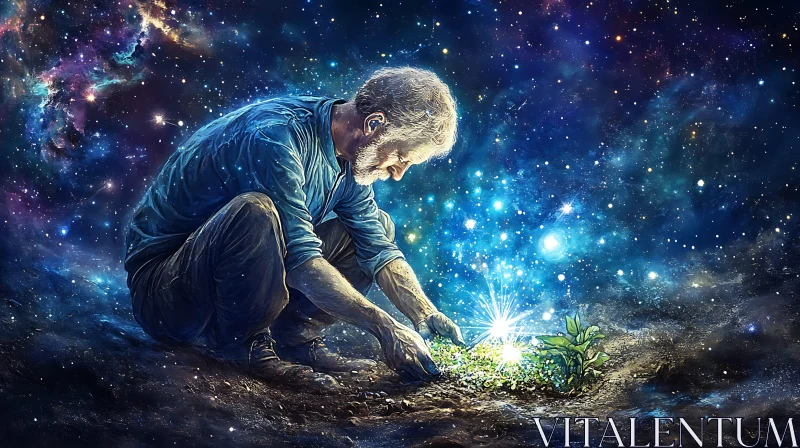 Man Planting a Seed in Starry Night AI Image