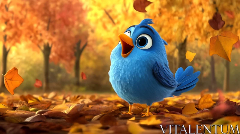 Cartoon Bird Singing in Fall Landscape