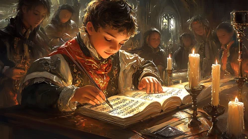 Vintage Music Transcription Scene with Boy