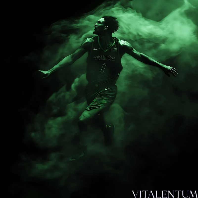 Athlete Jumping Through Green Mist