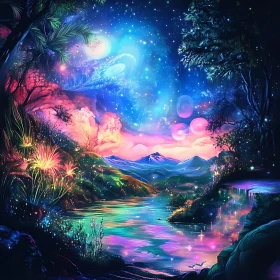Fantasy River Under Celestial Lights