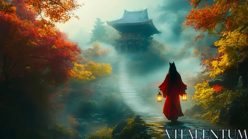 Lanterns Guiding Through Autumnal Mist AI Image