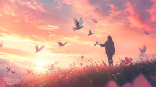 Doves Flying into Pink Sunset