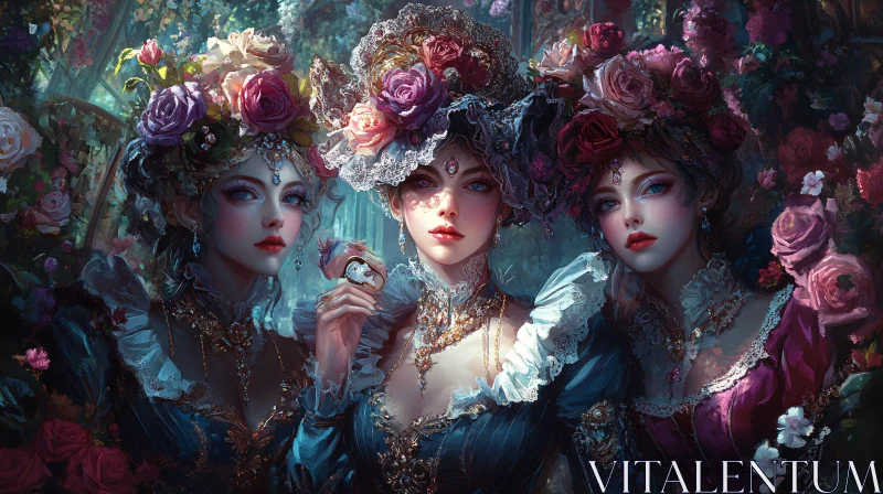 Floral Adorned Women in Vintage Style