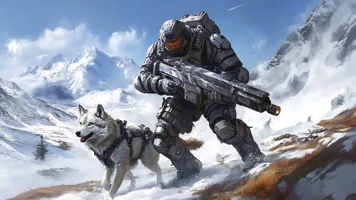 Snowy Mountain Trek with Soldier and Dog