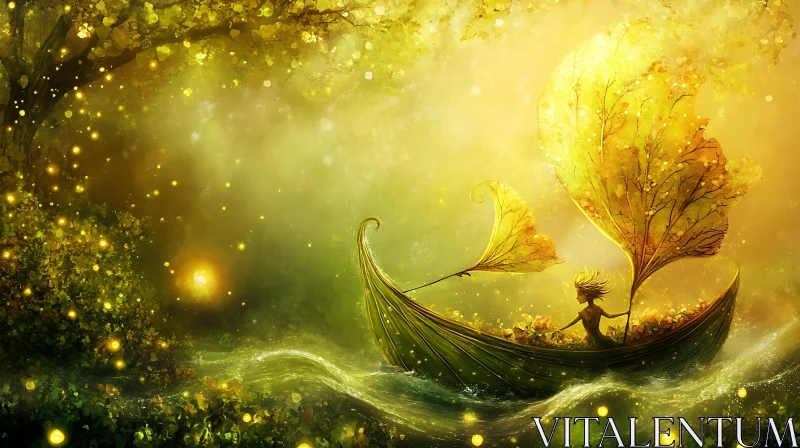 Golden Fairy Tale: Leaf Boat Adventure AI Image