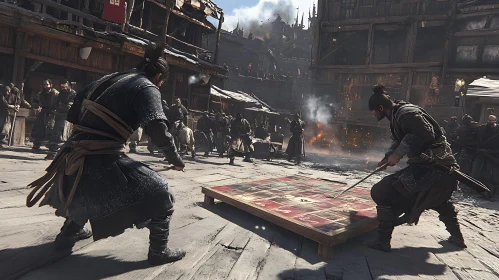 Warriors Clash Swords in Old Town