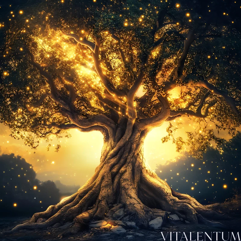 Golden Lit Magical Tree Illustration