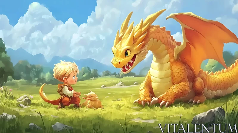 Friendly Dragon and Boy in Meadow