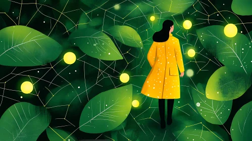 Lady in Yellow Coat Surrounded by Leaves