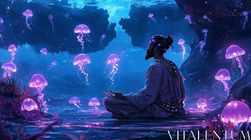 Man Meditating with Jellyfish underwater