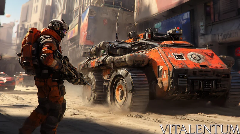 Urban Cyberpunk Soldier with Armored Vehicle