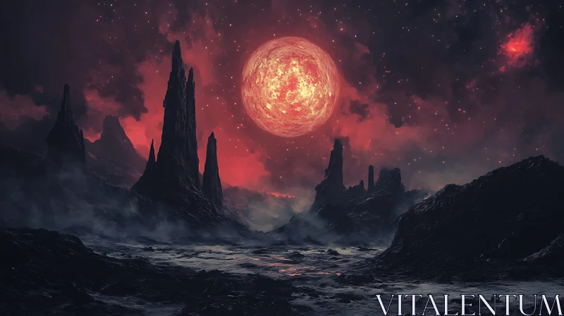 Cosmic Landscape with Red Planet