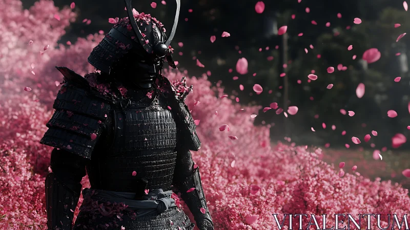 Warrior in Dark Armor with Pink Petals