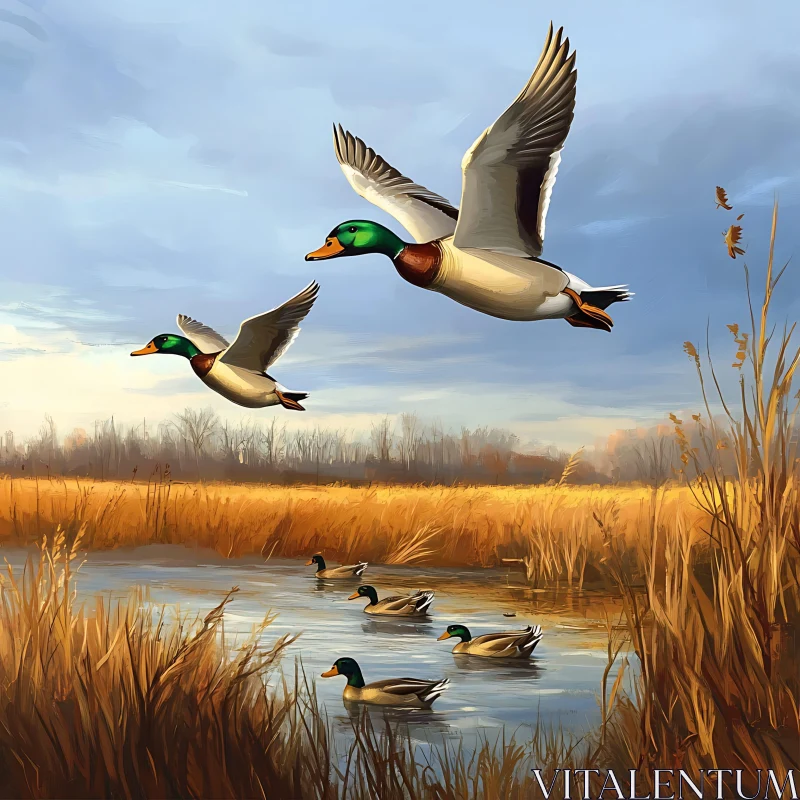 Mallards Over Water Bird Wildlife Art