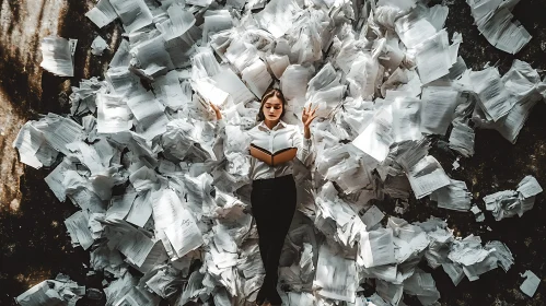 Overwhelmed Reader in Paper Mountain