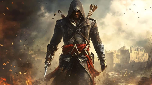 Hooded Warrior in Burning City