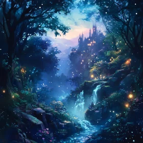 Magical Forest Waterfall Castle View