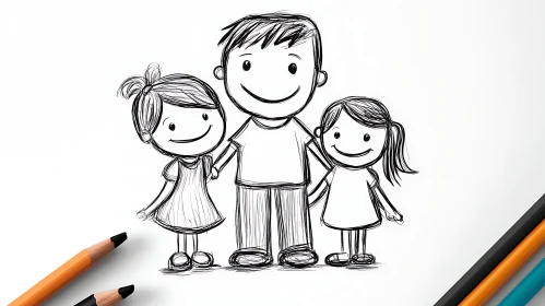 Simple Line Drawing: Parent with Two Children