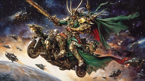 Fantasy Warrior Riding Motorcycle in Space