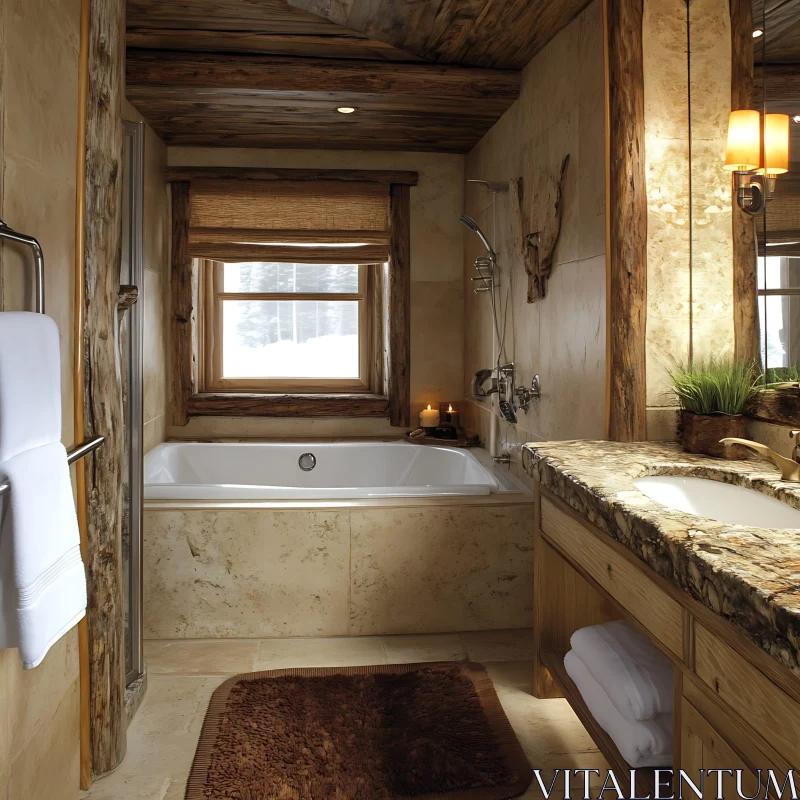 AI ART Cozy Rustic Bathroom with Wooden and Stone Elements