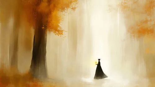 Autumnal Forest Scene with Woman and Lantern