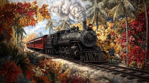 Old Train in Tropical Autumn Landscape