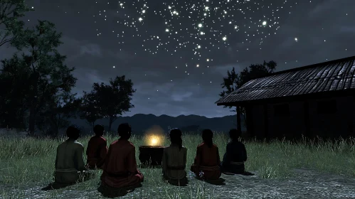 Night Campfire Gathering Under Stars