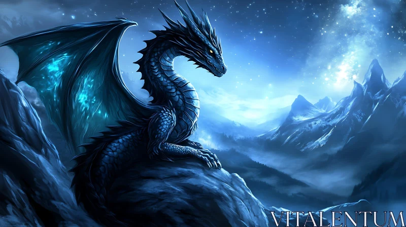 Blue Dragon Overlooking Starry Mountains AI Image