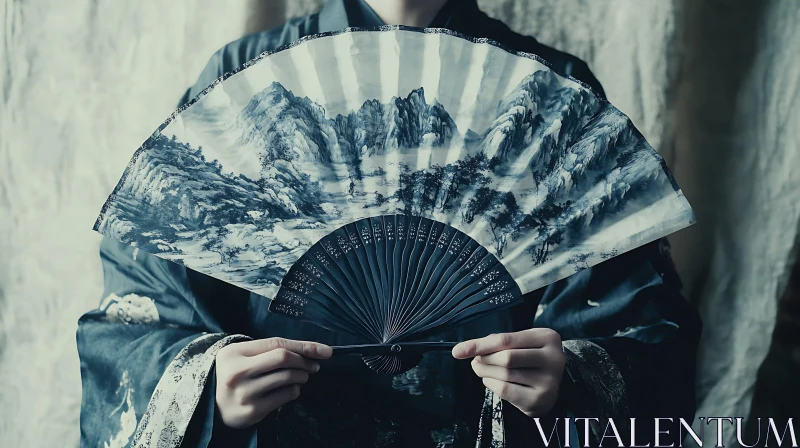 Person holding a fan with landscape art