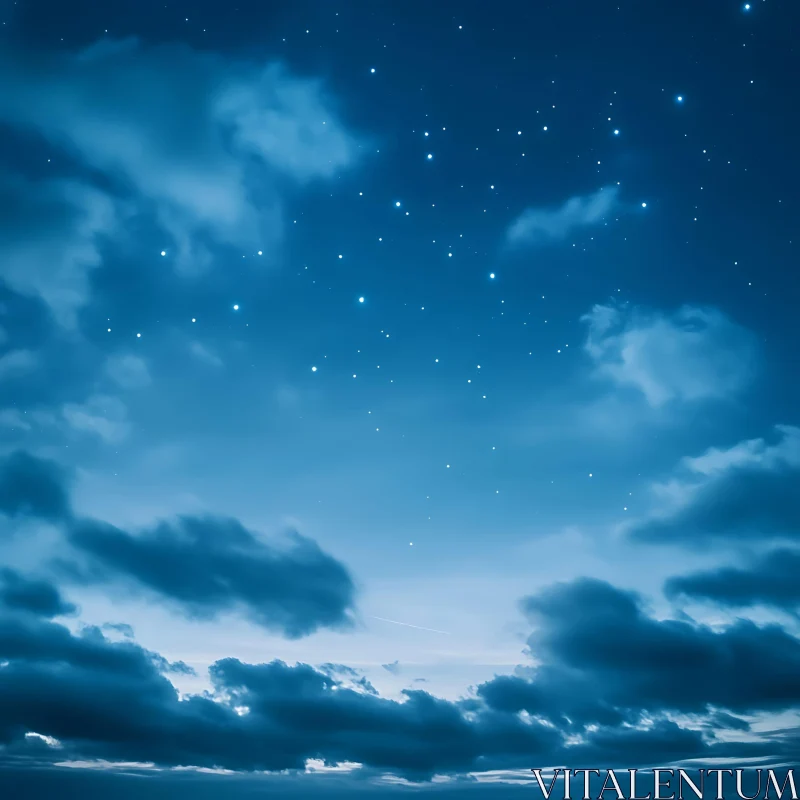 Blue Night Sky with Stars and Clouds