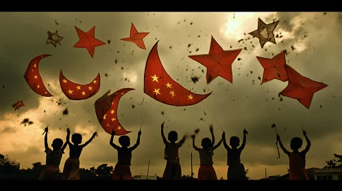 Silhouette of Children Flying Kites