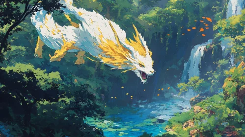 Fantasy Dragon Above Waterfall Scene