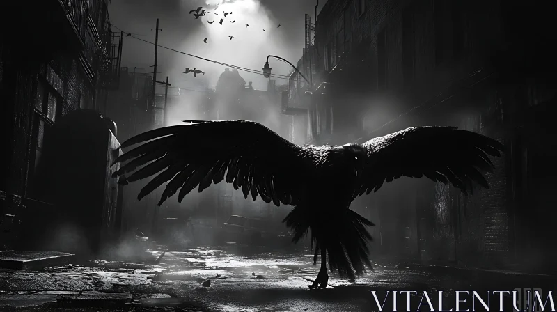 Monochrome Raven in Misty Alleyway