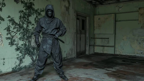 Masked Ninja in Dilapidated Interior