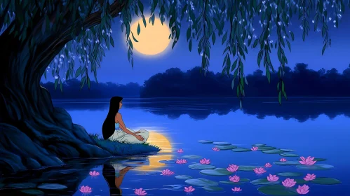 Tranquil Lakeside Meditation Under Moonlight