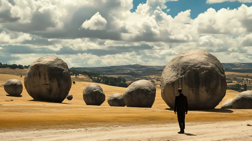 Man Walking Among Giant Stones