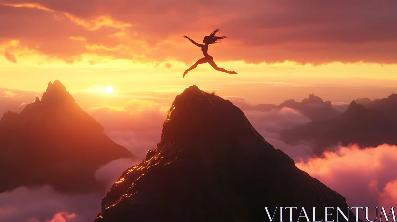 Woman's Silhouette Jumping on Mountain Top