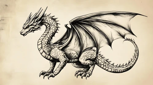 Detailed Dragon Ink Drawing on Cream Paper