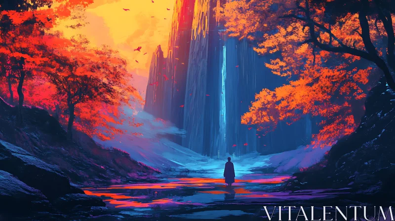 Serene Landscape with Waterfall and Silhouette