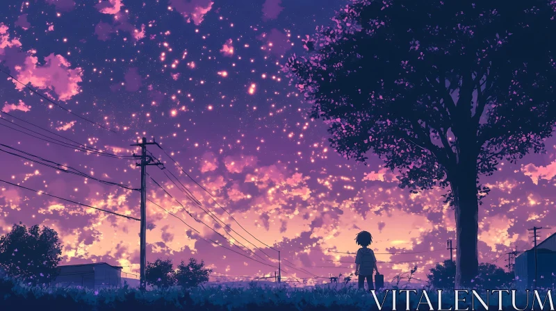 Starry Sky Anime Landscape at Sunset