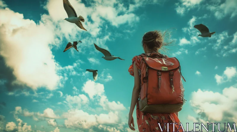 Girl with Backpack and Birds in Sky
